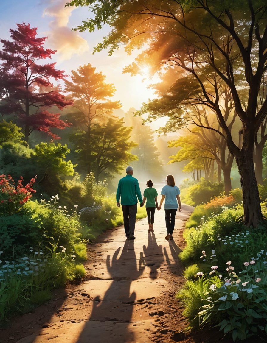 A serene pathway winding through a lush, green landscape, symbolizing a journey of hope and support in oncology. Include silhouette figures of patients and healthcare professionals walking alongside each other, sharing wisdom and compassion. The sky is painted with warm hues of sunrise, representing new beginnings and insights. Emphasize elements of nature and healing, like blooming flowers and soft light filtering through trees. super-realistic. vibrant colors. inspirational atmosphere.