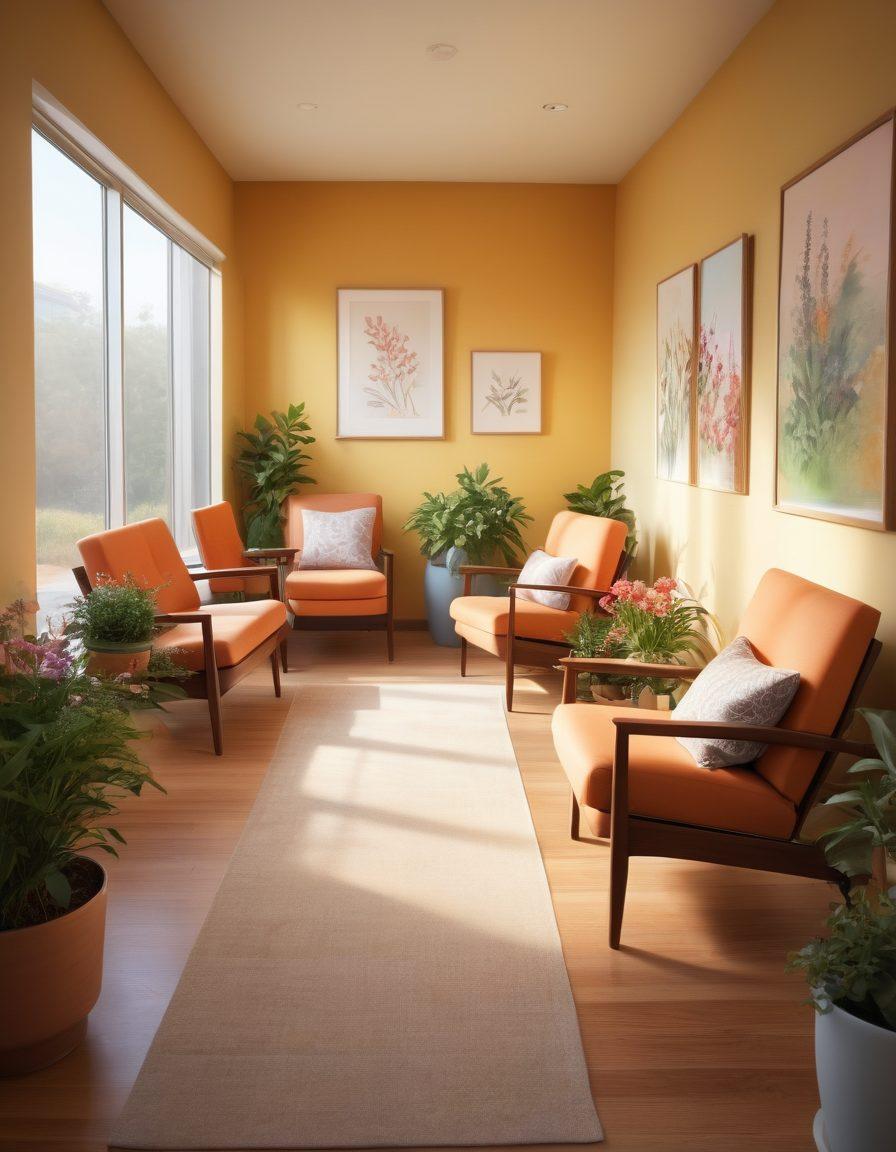 A warm, inviting scene depicting a diverse group of patients and caregivers in a serene oncology treatment center, showing moments of support and friendship. Include elements like infusion chairs, supportive materials, and blooming plants to symbolize hope and healing. The background should feature a wall with inspirational quotes and artwork reflecting resilience. Use soft, comforting colors and natural light for a hopeful atmosphere. super-realistic. vibrant colors. warm tones.