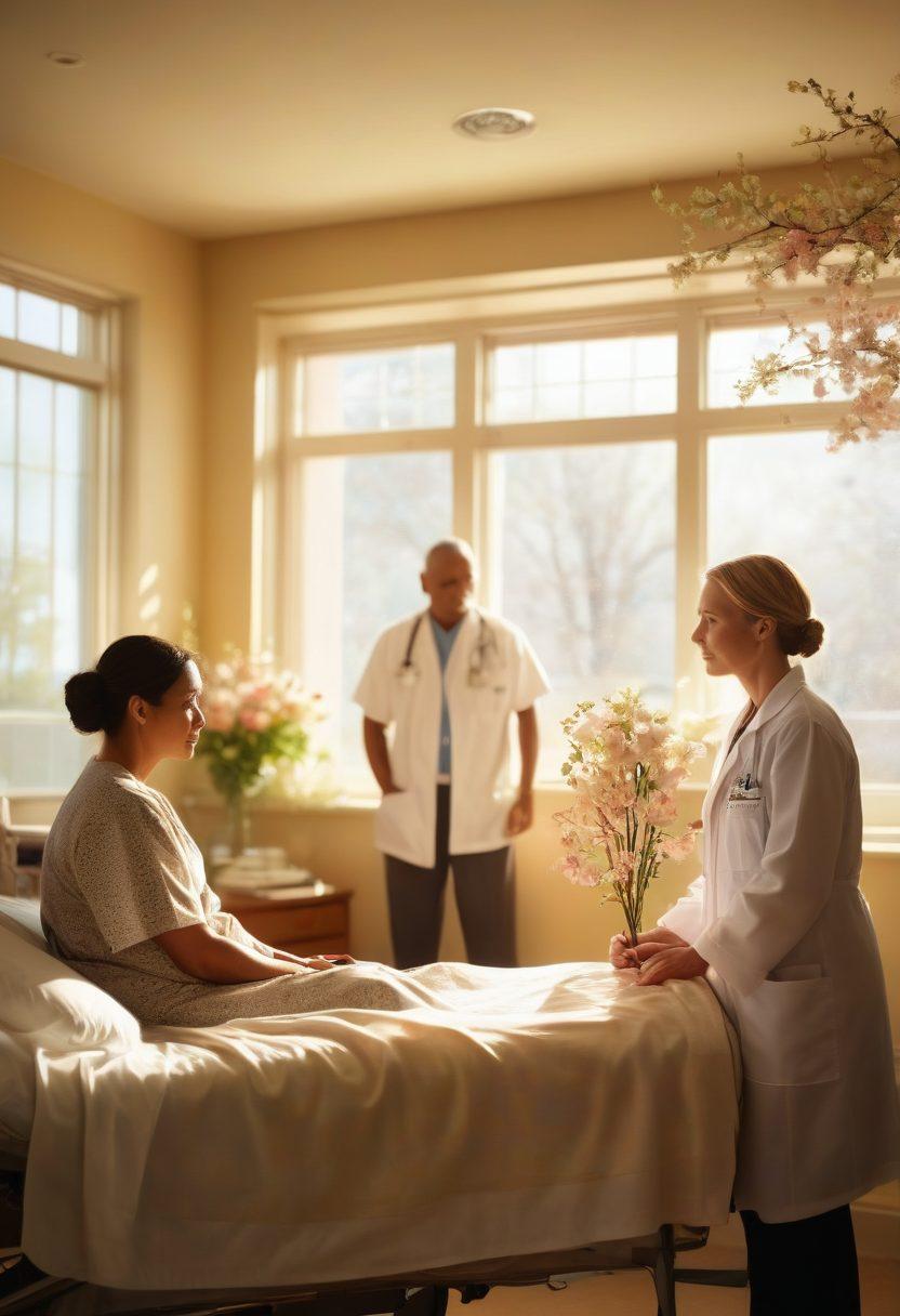A poignant scene depicting a patient in a hospital room receiving a diagnosis from a compassionate doctor, surrounded by supportive family members. In the background, gentle sunlight streams through a window, illuminating symbols of hope like flowers and a healing tree. The atmosphere conveys warmth and support, showcasing various diverse individuals sharing heartfelt moments. super-realistic. warm colors. soft focus.